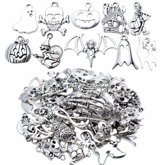 Wholesale Bulk 60 Pieces Mixed Halloween Charms Assorted Atique Silver Skull Sk - Picture 1 of 7